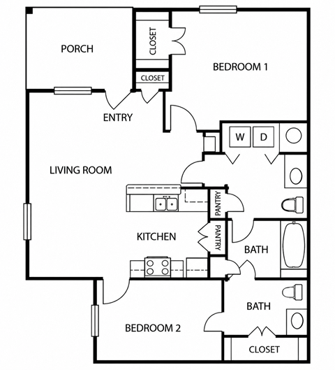 Floor plan for 2 beds, 2 baths, 1043 sqft